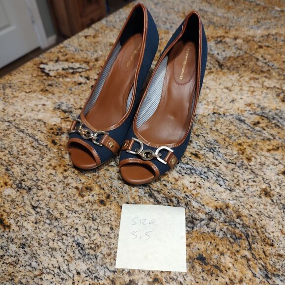 Tommy Hilfiger Tawnisha Peep Toe Canvas Cork Wedge Heels Blue Women's Sz 5.5 - Picture 9 of 10